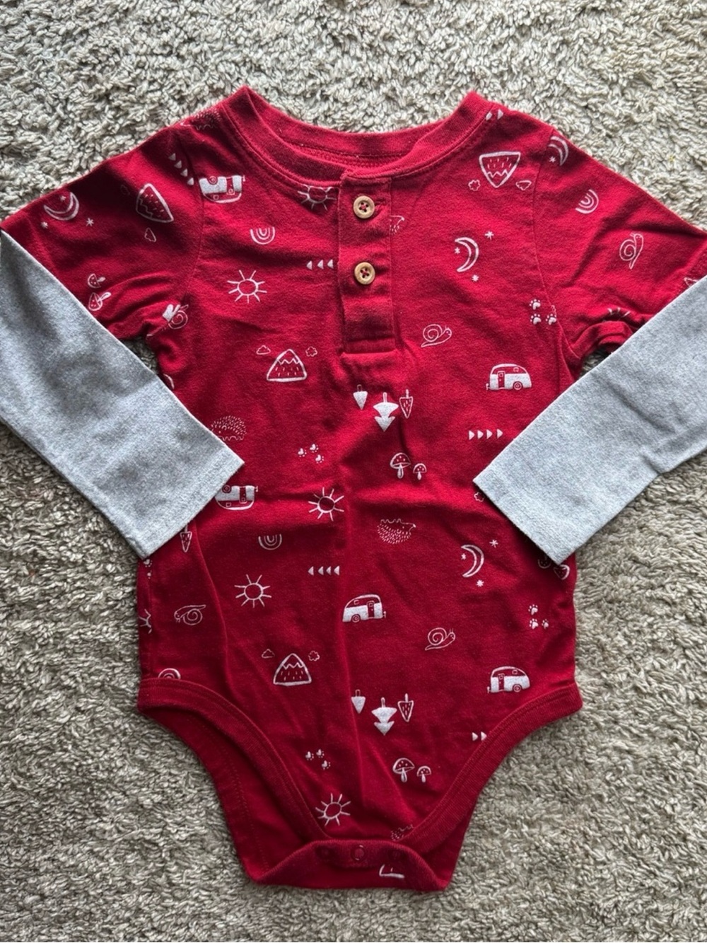 Garanimals Baby Bodysuit 24M Red Camping Print Long Sleeve Henley One Piece